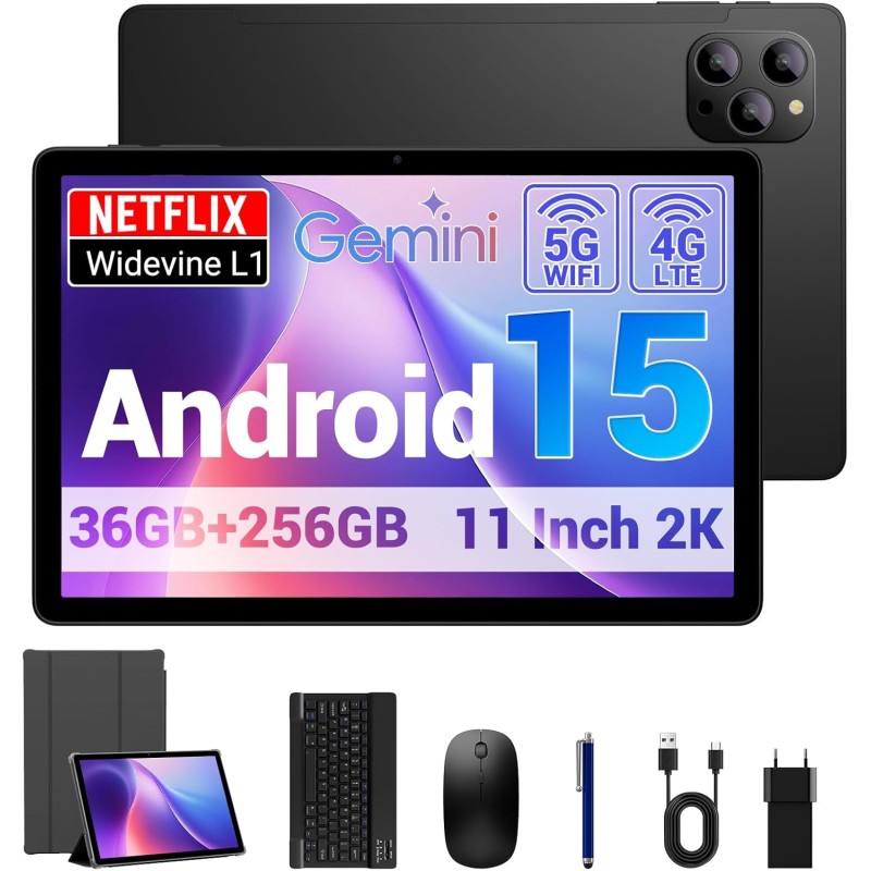 Tablette 11 Pouces Android 15 Tablette avec 4G LTE /5G WiFi,Octo-Core T615,36 Go+256 Go(2To TF),8000 mAh/2 W,16 MP+8 MP,Widevine