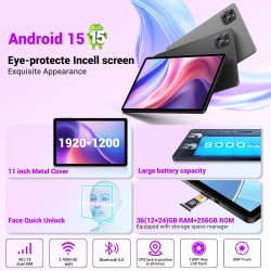 Tablette 11 Pouces Android 15 Tablette avec 4G LTE /5G WiFi,Octo-Core T615,36 Go+256 Go(2To TF),8000 mAh/2 W,16 MP+8 MP,Widevine