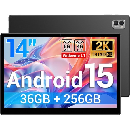 Tablette 14 Pouces Android 15 Tablette Tactile avec 4G LTE /5G WiFi,36Go+256Go/11580mAh/20W/13+8MP/Octa-Core/Face ID/TÜV/GMS/BT5