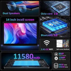 Tablette 14 Pouces Android 15 Tablette Tactile avec 4G LTE /5G WiFi,36Go+256Go/11580mAh/20W/13+8MP/Octa-Core/Face ID/TÜV/GMS/BT5