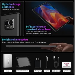 Tablette 14 Pouces Android 15 Tablette Tactile avec 4G LTE /5G WiFi,36Go+256Go/11580mAh/20W/13+8MP/Octa-Core/Face ID/TÜV/GMS/BT5