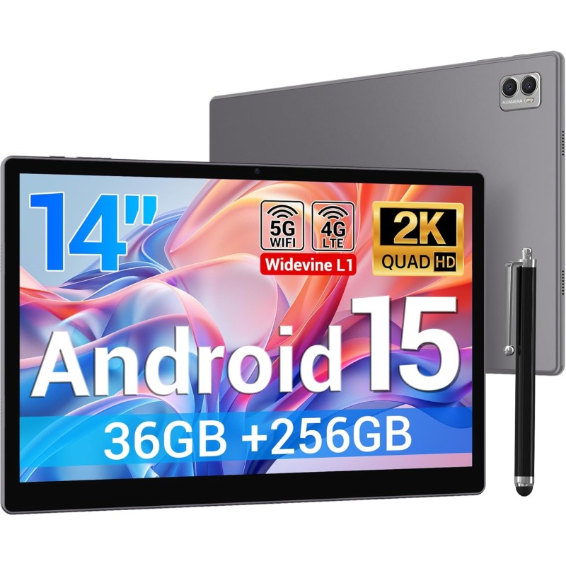 Tablette 14 Pouces Android 15 Tablette Tactile avec 4G LTE /5G WiFi,36Go+256Go/11580mAh/20W/13+8MP/Octa-Core/Face ID/TÜV/GMS/BT5