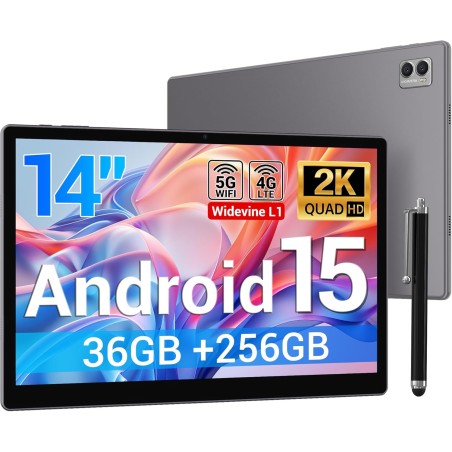 Tablette 14 Pouces Android 15 Tablette Tactile avec 4G LTE /5G WiFi,36Go+256Go/11580mAh/20W/13+8MP/Octa-Core/Face ID/TÜV/GMS/BT5