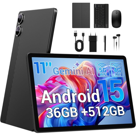 Tablette 11 Pouces Android 15 Tablette Tactile avec 4G LTE /5G WiFi,36Go+512Go/9580mAh/20W/13+8MP/Octa-Core/Face ID/TÜV/GMS/BT5.