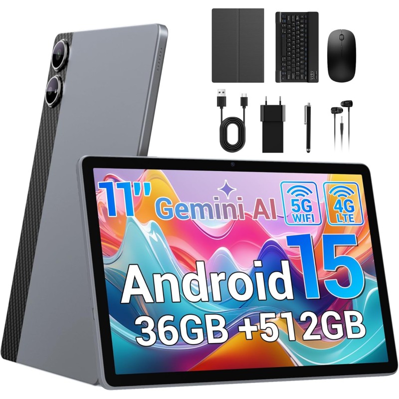 Tablette 11 Pouces Android 15 Tablette Tactile avec 4G LTE /5G WiFi,36Go+512Go/9580mAh/20W/13+8MP/Octa-Core/Face ID/TÜV/GMS/BT5.