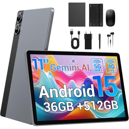 Tablette 11 Pouces Android 15 Tablette Tactile avec 4G LTE /5G WiFi,36Go+512Go/9580mAh/20W/13+8MP/Octa-Core/Face ID/TÜV/GMS/BT5.
