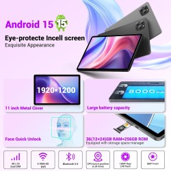 Tablette 11 Pouces Android 15 Tablette avec 4G LTE /5G WiFi,Octo-Core T615,36 Go+256 Go(2To TF),8000 mAh/2 W,16 MP+8 MP,Tablette