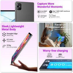 Tablette 11 Pouces Android 15 Tablette avec 4G LTE /5G WiFi,Octo-Core T615,36 Go+256 Go(2To TF),8000 mAh/2 W,16 MP+8 MP,Tablette