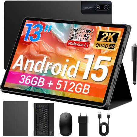 Tablette 13 Pouces Android 15 Tablette Tactile avec 4G LTE /5G WiFi,36Go+512Go/11580mAh/20W/2960x1840/Octa-Core/Face ID/TÜV/GMS/