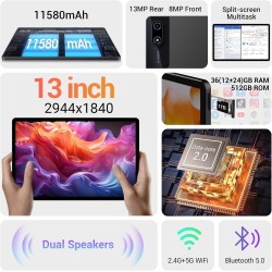 Tablette 13 Pouces Android 15 Tablette Tactile avec 4G LTE /5G WiFi,36Go+512Go/11580mAh/20W/2960x1840/Octa-Core/Face ID/TÜV/GMS/