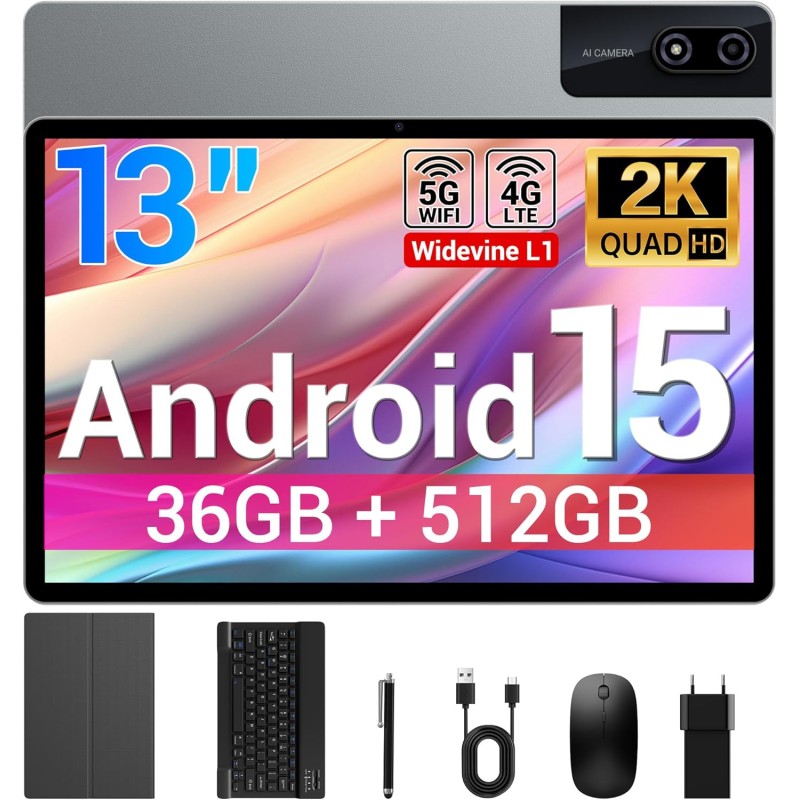 Tablette 13 Pouces Android 15 Tablette Tactile avec 4G LTE /5G WiFi,36Go+512Go/11580mAh/20W/13+8MP/Octa-Core/Face ID/TÜV/GMS/BT5