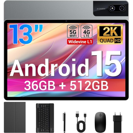 Tablette 13 Pouces Android 15 Tablette Tactile avec 4G LTE /5G WiFi,36Go+512Go/11580mAh/20W/13+8MP/Octa-Core/Face ID/TÜV/GMS/BT5