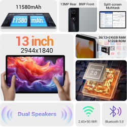Tablette 13 Pouces Android 15 Tablette Tactile avec 4G LTE /5G WiFi,36Go+512Go/11580mAh/20W/13+8MP/Octa-Core/Face ID/TÜV/GMS/BT5