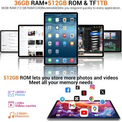 Tablette 13 Pouces Android 15 Tablette Tactile avec 4G LTE /5G WiFi,36Go+512Go/11580mAh/20W/13+8MP/Octa-Core/Face ID/TÜV/GMS/BT5