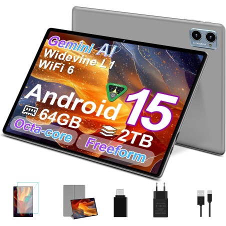 Tablette Android 15 avec 64Go ROM +2TB TF Extensible, Freeform,10 Pouces,WiFi 6, 8-Cores, Gemini AI, GMS, 8MP+5MP, Widevine L1, 