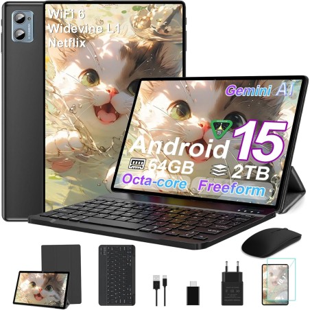 Tablette Android 15 avec 64Go ROM (2TB TF Extensible), 10 Pouces, WiFi 6, 8-Cores, GMS, 8MP+5MP, Widevine L1, Play Store, Tablet