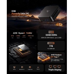 Mini PC 32 Go DDR4 1 to SSD, AMD Ryzen 5 7430U(Jusqu'à 4,3 GHz, 6C/12T) Micro Ordinateur Bureau, Radeon RX Vega 7 PC pour Bureau