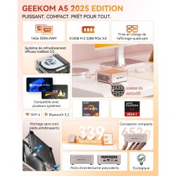 GEEKOM Mini PC A5 2025 Edition avec AMD Ryzen 5 7430U, Silencieux NUC Mini Ordinateur de Bureau avec Graphiques AMD Radeon, 16Go