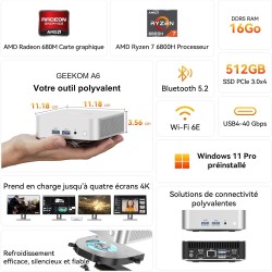 GEEKOM A6 Mini PC avec AMD Ryzen 7 6800H (jusqu'à 4,7 GHz), Radeon 680M, 16 Go DDR5 512 Go SSD, USB4, 4K Quad Display, Wi-FI 6E,