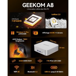 GEEKOM A8 Mini PC avec AMD Ryzen 7 8745HS, 32 Go DDR5 1To SSD, 6X USB | Affichage 8K | Windows 11 Pro | Mini Computer Compact av