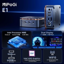 NiPoGi Essenx E1 Mini PC W-11 Pro Ιntel Alder Lake N95 (Max 3,4 GHz) 16Go DDR4+512 Go SSD, Tour PC/Gigabit Ethernet/2.4+5G WiFi/