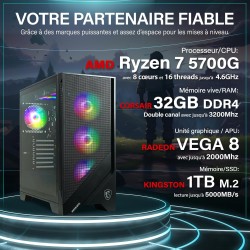Basic Gaming PC - Ordinateur avec AMD Ryzen 7 5700G avec 4,6 GHz | Radeon Vega 8 | 32GO DDR4 RAM | 1TB SSD | Silent Water Coolin
