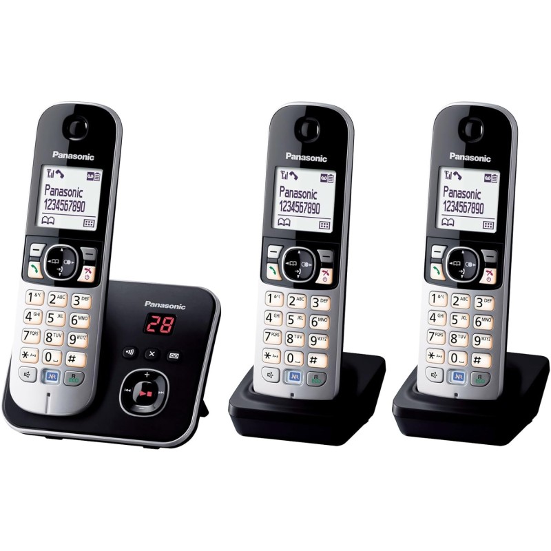 Panasonic KX-TG6823FRB DECT Téléphone Numérique Sans Fil Répondeur Numérique, Base et 3 Combinés, Haut-Parleur Mains Libres, Ide