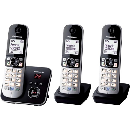 Panasonic KX-TG6823FRB DECT Téléphone Numérique Sans Fil Répondeur Numérique, Base et 3 Combinés, Haut-Parleur Mains Libres, Ide