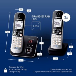 Panasonic KX-TG6823FRB DECT Téléphone Numérique Sans Fil Répondeur Numérique, Base et 3 Combinés, Haut-Parleur Mains Libres, Ide