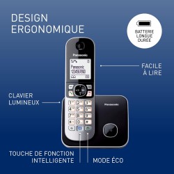 Panasonic KX-TG6811FRB DECT Téléphone Numérique Sans Fil, Base et Combiné Mains Libres, Identification de l'Appelant, Blocage de