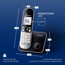 Panasonic KX-TG6811FRB DECT Téléphone Numérique Sans Fil, Base et Combiné Mains Libres, Identification de l'Appelant, Blocage de