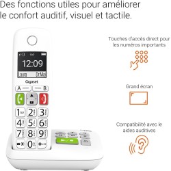 Gigaset E290A - Téléphone fixe sans fil blanc avec répondeur intégré - grand écran rétroéclairé - larges touches - fonction bloc
