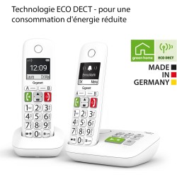 Gigaset E290A Duo - Téléphone Fixe sans Fil Blanc avec Répondeur Intégré, 2 combinés avec Grand écran rétroéclairé, larges Touch