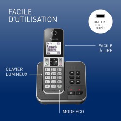 Panasonic KX-TGD322FRG DECT Téléphone Numérique Sans Fil Répondeur Numérique, Base et 2 Combinés, Haut-Parleur Mains Libres, Ide
