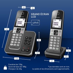 Panasonic KX-TGD322FRG DECT Téléphone Numérique Sans Fil Répondeur Numérique, Base et 2 Combinés, Haut-Parleur Mains Libres, Ide