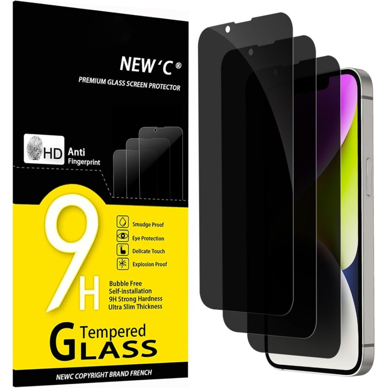NEW'C Lot de 3, Verre Trempé Anti-Espion pour iPhone 16e, iPhone 14, iPhone 13, iPhone 13 Pro (6,1 Pouces), Angle de Confidentia