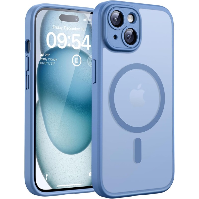 TOCOL Coque Magnétique pour iPhone 15 6,1 Pouces, Compatible avec MagSafe, Protection de l'objectif améliorée, Coque Mat Translu