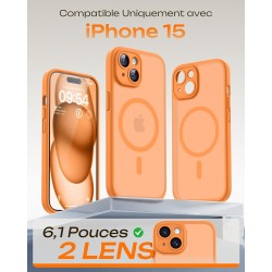 Tocol coque magnétique pour iphone 15 6,1 pouces, compatible avec magsafe, protection de l'objectif améliorée, coque mat translu