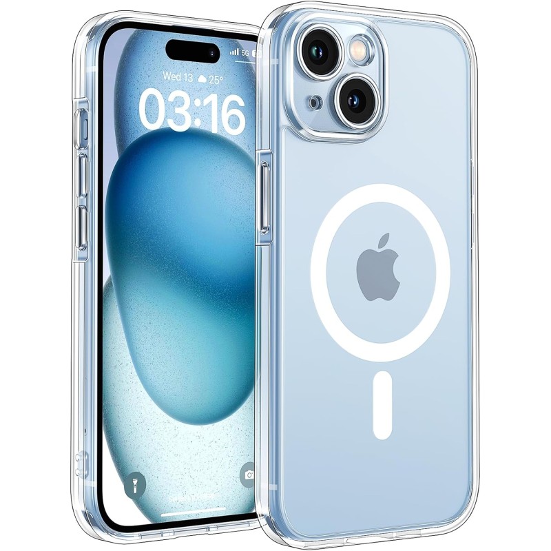 TOCOL Coque Magnétique pour iPhone 15 6,1 Pouces, Compatible avec MagSafe, Pas Facile à Jaunir, Protection de l'objectif amélior