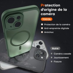 TOCOL Coque Magnétique pour iPhone 15 6,1 Pouces, Compatible avec MagSafe, Protection de l'objectif améliorée, Coque Mat Translu