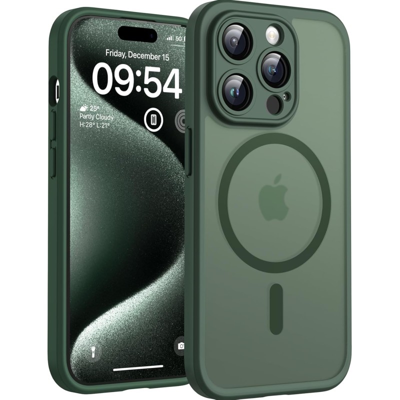TOCOL Coque Magnétique pour iPhone 15 Pro 6,1 Pouces, Compatible avec MagSafe, Protection de l'objectif améliorée, Coque Mat Tra