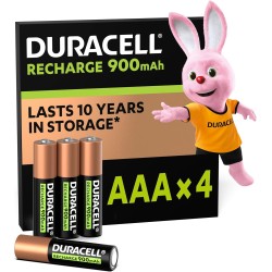 Duracell Rechargeables Piles AAA (lot de 4), 900 mAh, NiMH, pré-chargées, Longue durée, un packaging recyclable 0% plastique