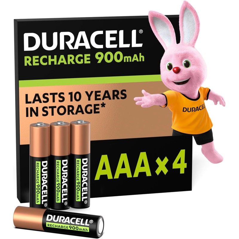 Duracell Rechargeables Piles AAA (lot de 4), 900 mAh, NiMH, pré-chargées, Longue durée, un packaging recyclable 0% plastique