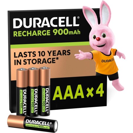 Duracell Rechargeables Piles AAA (lot de 4), 900 mAh, NiMH, pré-chargées, Longue durée, un packaging recyclable 0% plastique