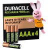 Duracell Rechargeables Piles AAA (lot de 4), 900 mAh, NiMH, pré-chargées, Longue durée, un packaging recyclable 0% plastique
