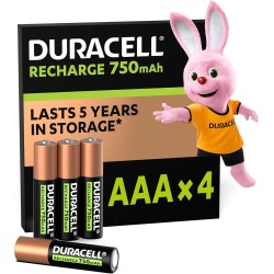 Duracell Rechargeables Piles AAA (lot de 4), 750 mAh NiMH, 1000 recharges, pré-chargées, Puissance longue durée, un packaging re