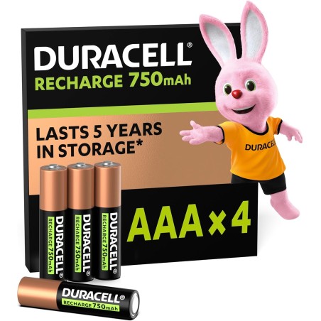 Duracell Rechargeables Piles AAA (lot de 4), 750 mAh NiMH, 1000 recharges, pré-chargées, Puissance longue durée, un packaging re