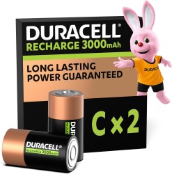Duracell Rechargeables Piles C (lot de 2), 3000 mAh NiMH, Puissance longue durée