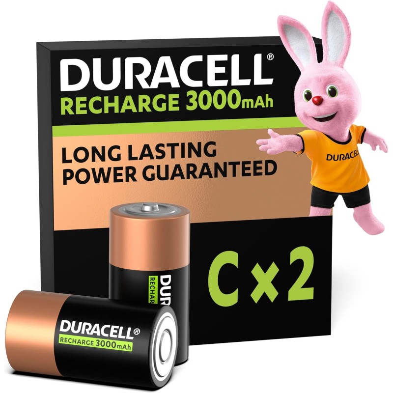 Duracell Rechargeables Piles C (lot de 2), 3000 mAh NiMH, Puissance longue durée