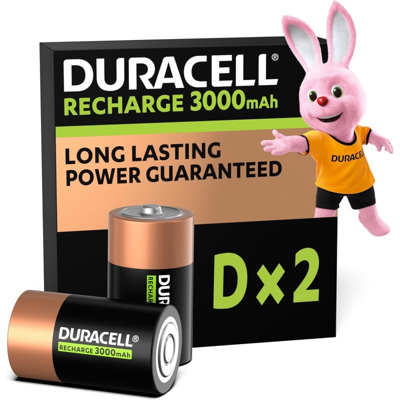 Duracell Rechargeables Piles D (lot de 2), 3000 mAh NiMH, Puissance longue durée